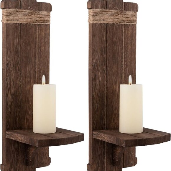 NEW 2Pcs Rustic Wall Hanging Candle Sconces- Farmhouse Wall Mounted Wooden - Picture 3 of 7